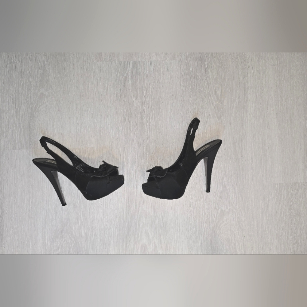 Steve Madden, black satin material, size 8.